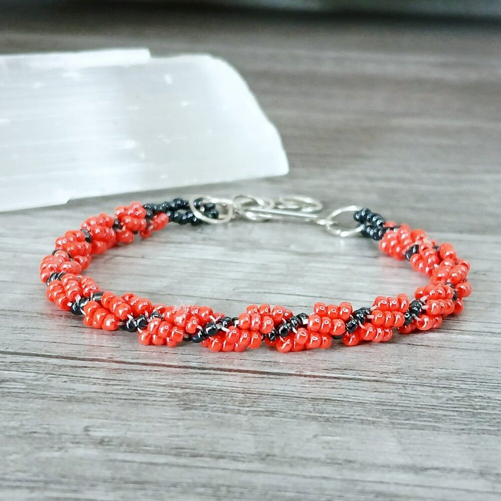 Orange beaded spiral rope bracelet, adjustable seed bead bracelet